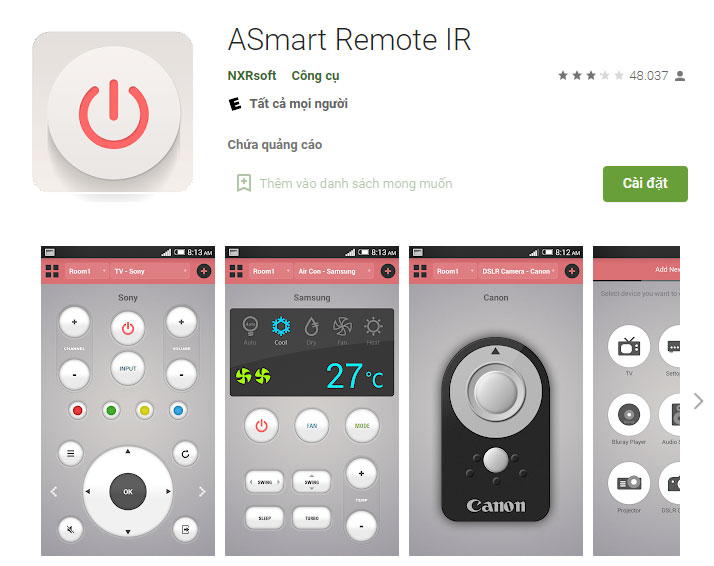 ASmart Remote IR - Ứng dụng điều khiển điều hòa cơ bản miễn phí
